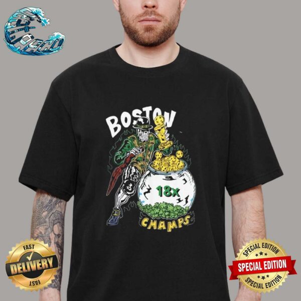 2024 Boston Celtics 18X World Champions Lucky The Leprechaun Pot Of Gold Boston 18 NBA Titles Bean Town Unisex T-Shirt