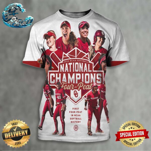 2024 NCAA Softball National Champions Oklahoma Sooners Women’s Softball First Four-Peat In NCAA Softball History 3D Shirt