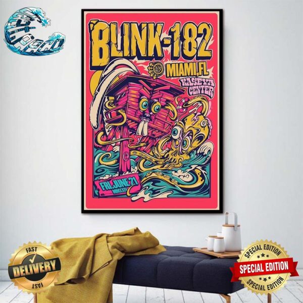 Blink-182 Miami FL Poster For The Concert At Kaseya Center On June 21 2024 Wall Decor Poster Canvas