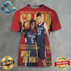 Donovan Clingan And Stephon Castle From UConn Huskies Built 2 Win Cover SLAM 250 Gold The Metal Editions All Over Print Shirt