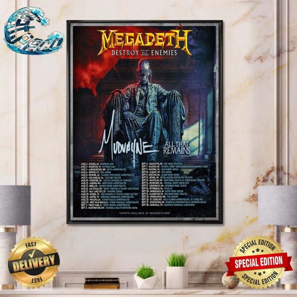 Megadeth Destroy All Enemies Tour 2024 Poster Mudvayne And All That Remains Start On August 2 In Rogers AR Home Decor Poster Canvas