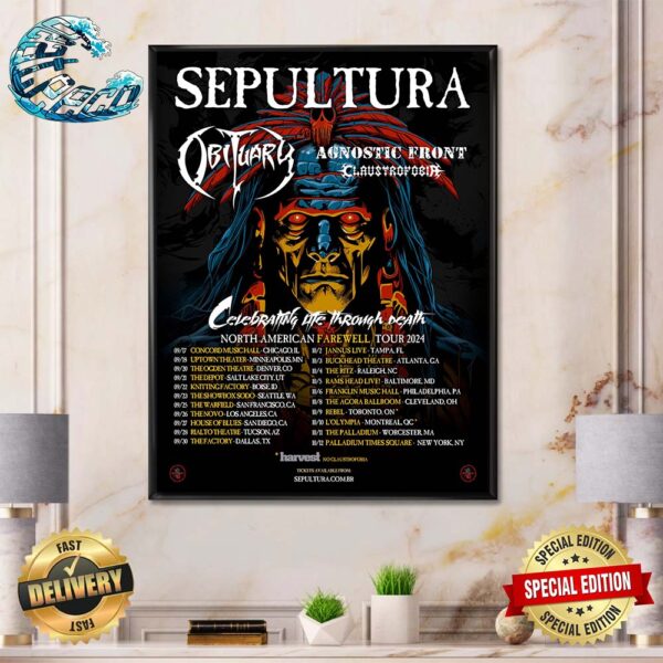 Sepultura Obituary Agnostic Front Claustrofobia Celebrating Life Through Death North American Farewell Tour 2024 Home Decor Poster Canvas