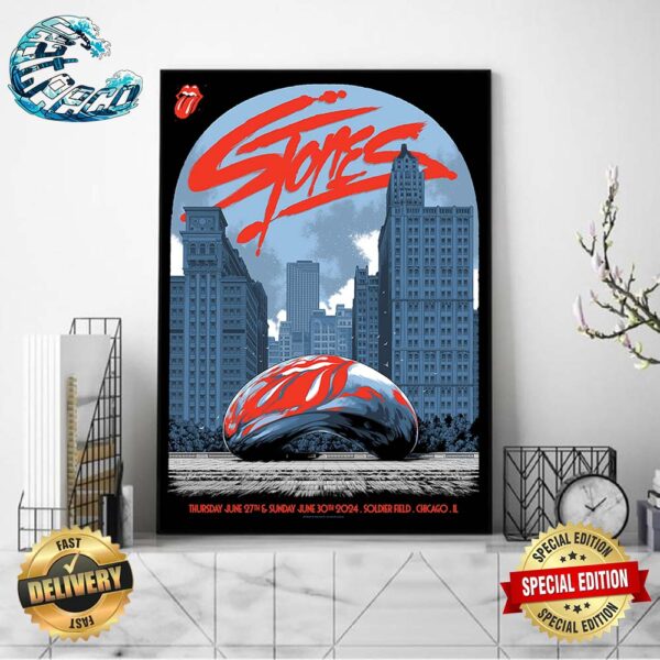 The Rolling Stones Lithograph Concert Poster The Bean Cloud Gate Art At Soldier Field In Chicago Illinois On June 27 And 30 2024 Poster Canvas