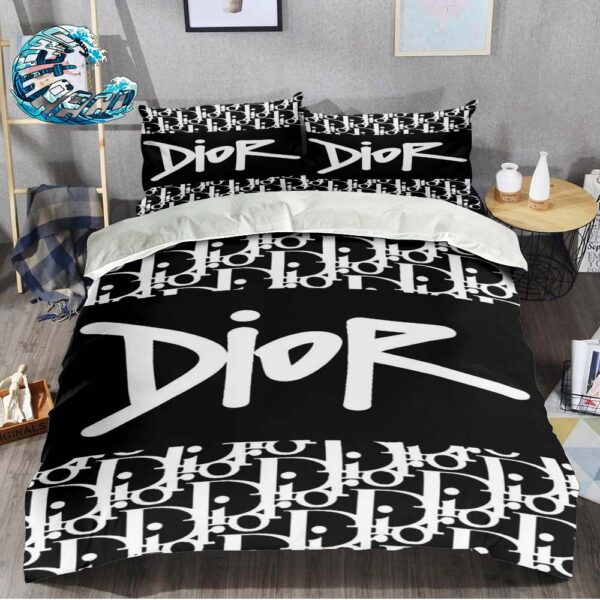 Best Christian Dior Black Background And White Logo Dior Duvet Cover Bed Set