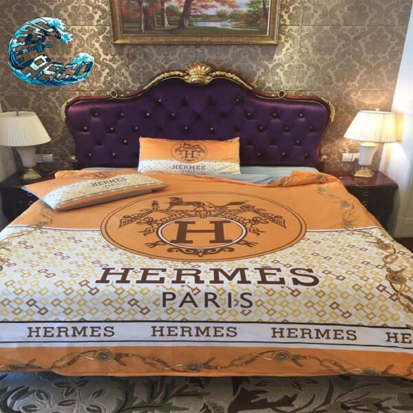 Best Hermes Paris Big Logo And Pattern Chain D’Ancre Bedding Set