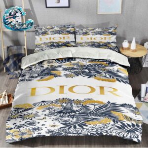 Christian Dior Pattern Florals With Yellow Logo Duvet Cover Bed Set