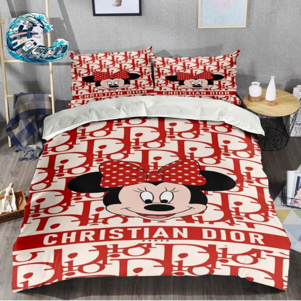 Christian Dior X Mickey And Red Text Dior Duvet Cover Bed Set