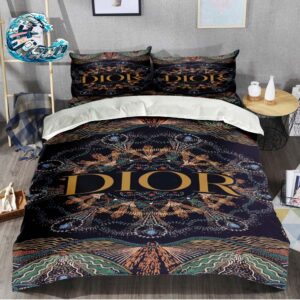 Dior Big Logo And Pattern Black Background Bedding Set Size