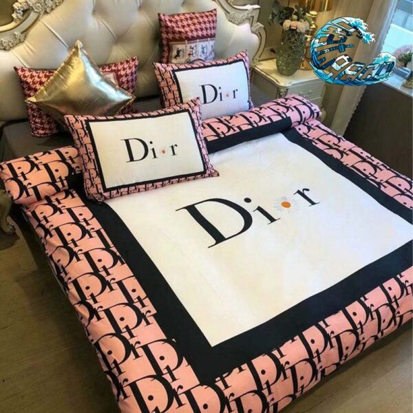Dior Big Logo With White Black And Pink Background Bedding Set