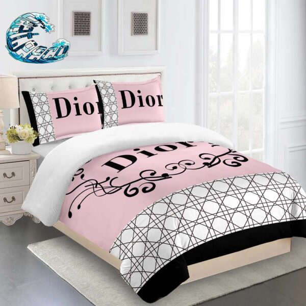 Dior Pink With Black Logo Bedding Set King