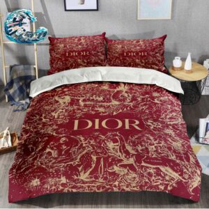 Dior Red Background With Gold Pattern Toile De Jouy Luxury Bedding Set King