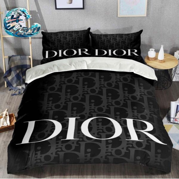 Dior White Logo Black Background Bedding Set King