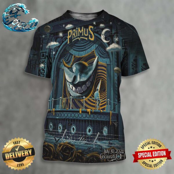 Official Poster For Primus Show In Cincinnati OH On July 30 2024 At The Andrew J Brady Music Center 3D Shirt