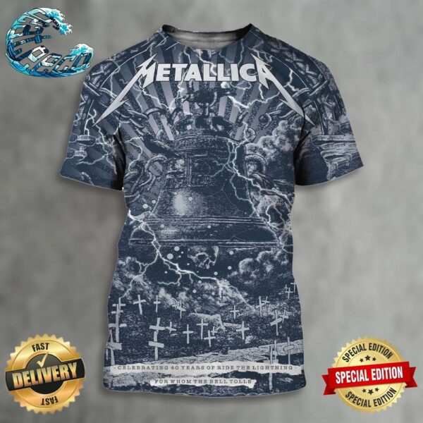 Official Poster Metallica Celebrating 40 Years Of Ride The Lightning For Whom The Bell Tolls Art By Christopher Alliston All Over Print Shirt