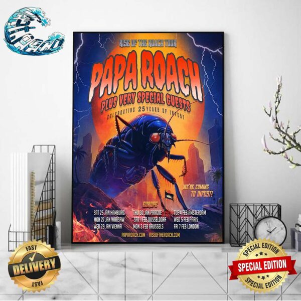 Papa Roach Rise Of The Roach Tour 2024 Plus Very Special Guests Celebrating 25 Years Of Infest Schedule List Date Poster Canvas