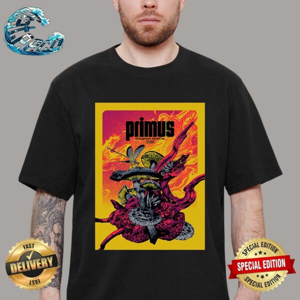 Primus Official Poster For Show At McGrath Amphitheatre On July 27 2024 In Cedar Rapids IA T-Shirt