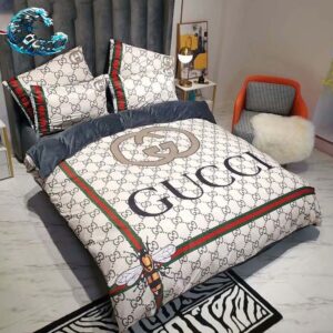 Best Gucci Big Logo With Bee Luxury Background Bedding Set Queen