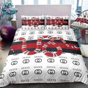 Gucci Luxury Big Snake With Many Logo White Background Bedding Set