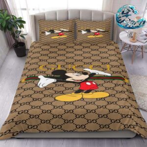 Luxury Gucci x Mickey Mouse With Brown Background Bedding Set