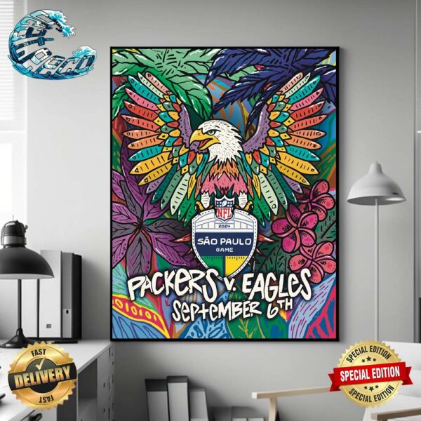 NFL Sao Paulo Game 2024 Poster For Season Opener Philadelphia Eagles vs Green Bay Packers On September 6th 2024 Art By Tiff Urquhart Poster Canvas