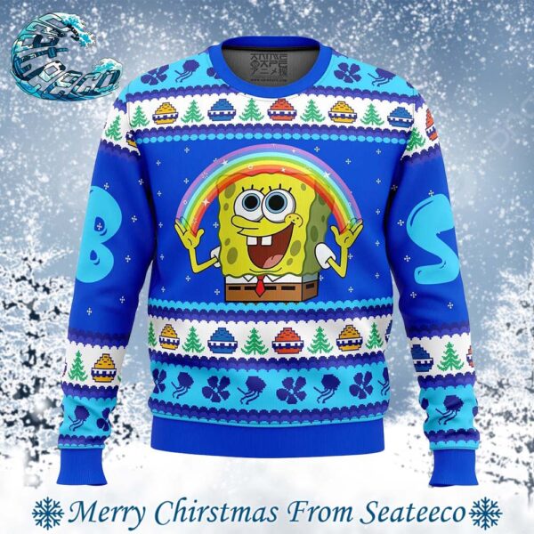 Nickelodeon Cartoons Rainbow SpongeBob Best Knitted Ugly Christmas Sweater For Holiday