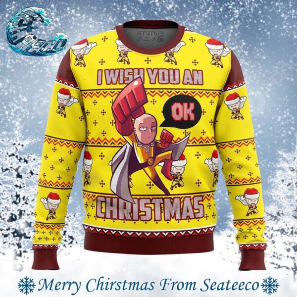 One Punch Saitama Ok I Wish You An Christmas Best Knitted Ugly Christmas Sweater For Holiday