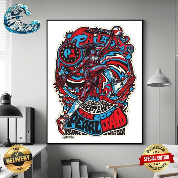 Pearl Jam Dark Matter World Tour 2024 With Glen Hansard Night 2 In Philadelphia Poster Julius Erving Artwork At PA Wells Fargo Center On September 9th 2024 Poster Canvas For Home Decor