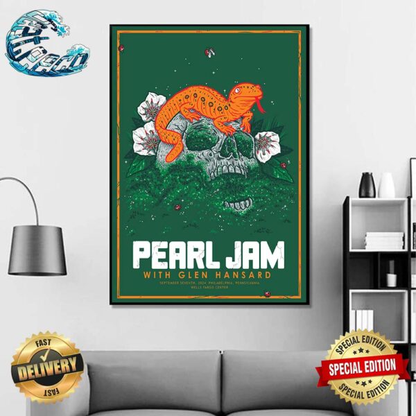 Pearl Jam With Glen Hansard Night 1 In Philadelphia Event Poster At PA Wells Fargo Center On September 7 Dark Matter World Tour 2024 Orange Lizard Artwork Home Decor Poster Canvas