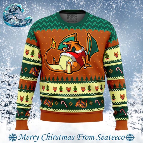 Pokemon Eating Candy Cane Charizard Best Knitted Ugly Christmas Sweater For Holiday