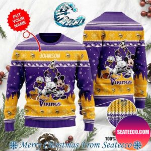 Minnesota Vikings NFL Personalized Donald Mickey Goofy Minnesota Vikings Disney Pattern Knitted Ugly Christmas Sweater