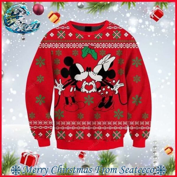 Minnie Kissing Mickey Disney Funny Couples Pattern Knitted Ugly Christmas Sweater