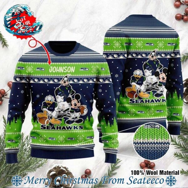 Seattle Seahawks NFL Personalized Mickey Donald Goofy Disney Ugly Christmas Sweater Gift For Holiday 2024